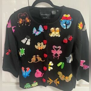 Michael Simon Vintage NOAHS ARK Animal Beaded Sweater parrot butterfly monkey